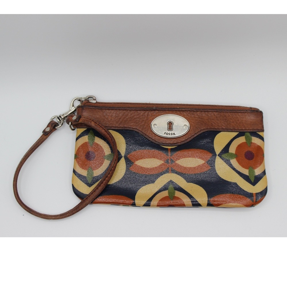 Fossil Key-Per Wristlet Geometric Floral Coated Canvas Leather Trim Multi-Color